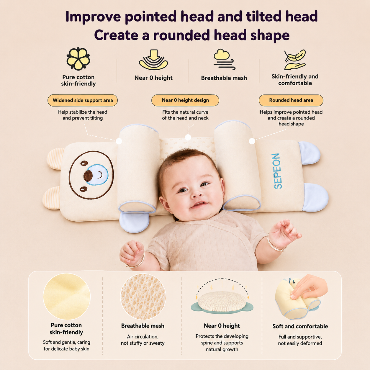 Baby Head Shaping Pillow - Washable